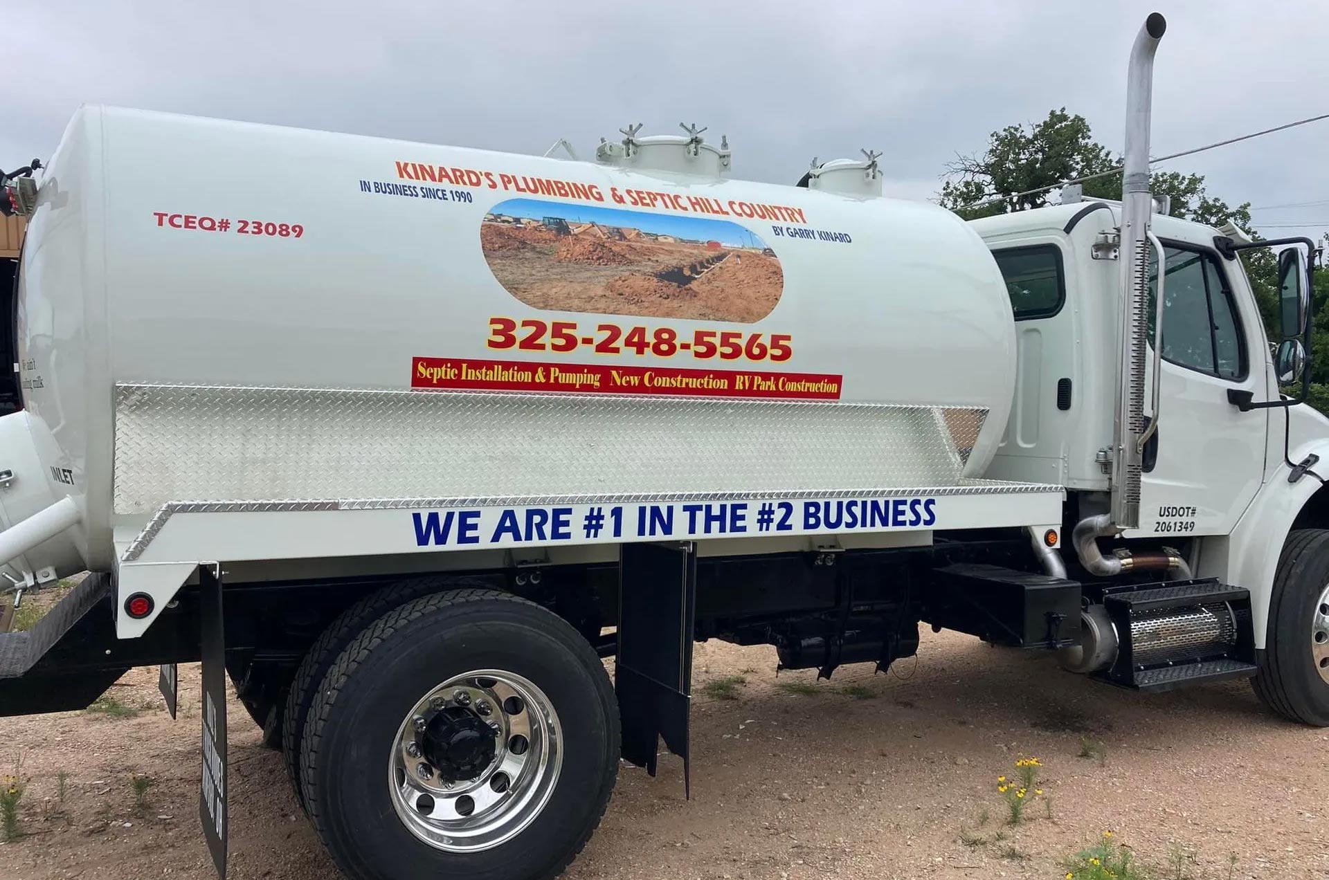 Kinard's Septic Pumping service truck ready for septic system maintenance and pumping in Hill County Texas